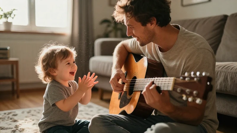 Un padre toca la guitarra acústica mientras su hijo pequeño aplaude con alegría en una sala iluminada por el sol.