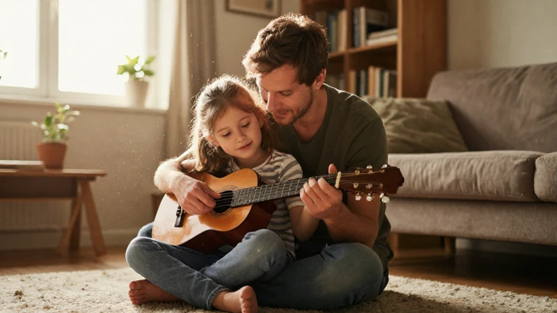 Un padre y su hija pequeña tocan juntos una guitarra acústica en una acogedora sala.