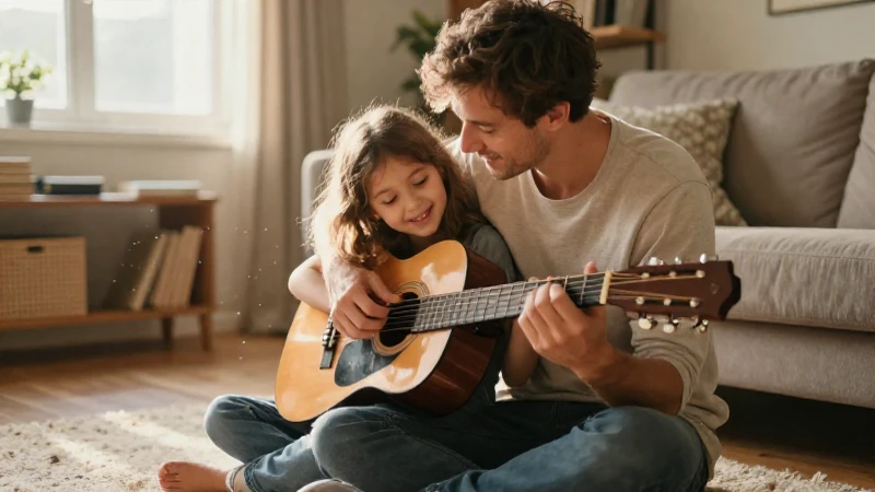 Un padre guía con ternura las manos de su hija de cinco años mientras tocan la guitarra en una acogedora sala.