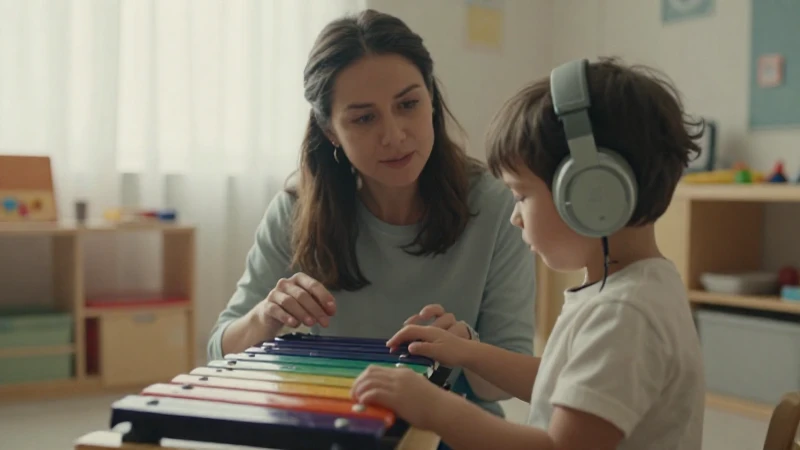 Una profesora de música acompaña a un niño con auriculares mientras este toca un xilófono.