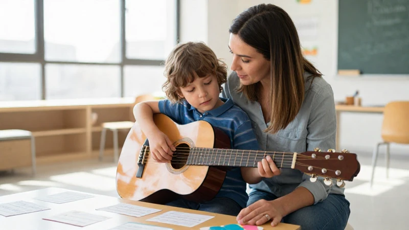 Una profesora de música acompaña a un niño con autismo en una clase luminosa con una guitarra.