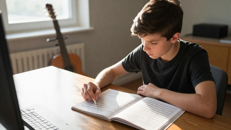 Estudiante concentrado leyendo una partitura coral en un escritorio de madera iluminado por el sol.