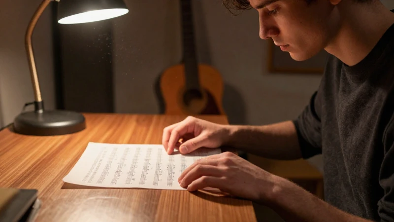 Joven músico concentrado escribiendo partituras complejas sobre un escritorio de madera en un estudio acogedor.
