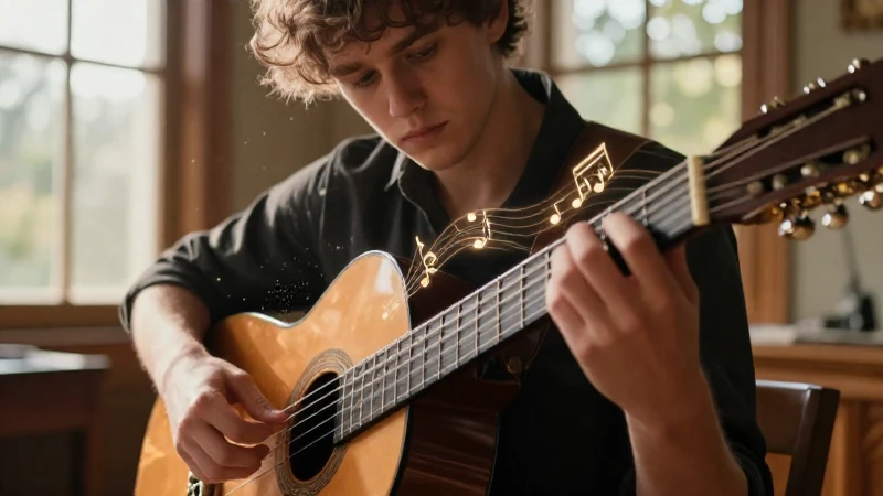 Joven músico concentrado tocando una guitarra clásica en un salón iluminado por el sol.