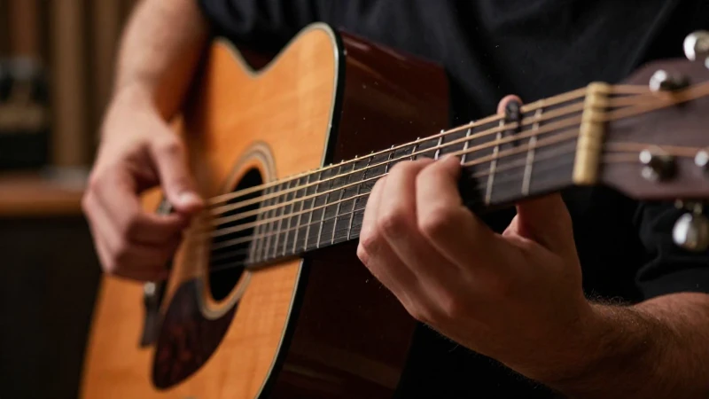 Manos de un músico tocando con precisión las cuerdas de una guitarra acústica.