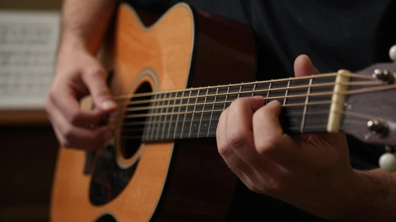 Manos de un músico presionando las cuerdas de una guitarra acústica en un estudio.