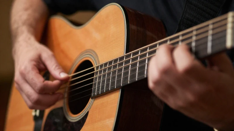 Primer plano de las manos de un músico pulsando las cuerdas de una guitarra acústica.