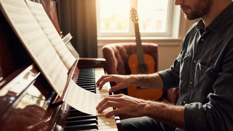 Compositor trabajando en su estudio con partituras y un piano bajo la luz del atardecer.