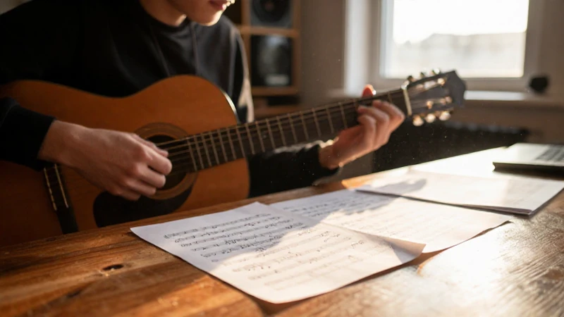 Joven compositor sentado frente a una guitarra y partituras manuscritas en un estudio iluminado por el sol.