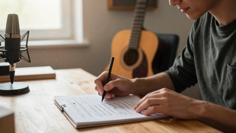 Joven compositor concentrado escribiendo partituras en un cuaderno dentro de su estudio luminoso.