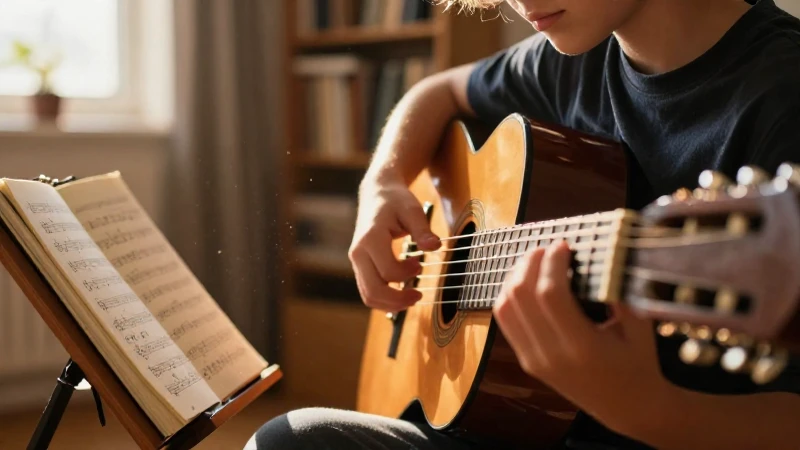 Primer plano de las manos de un estudiante practicando guitarra clásica en un estudio iluminado por el sol.