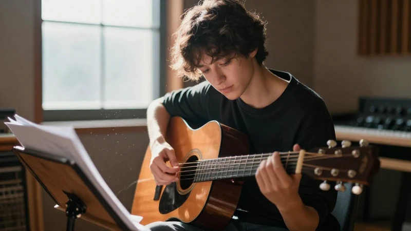 Joven concentrado practicando la guitarra acústica en un estudio de música iluminado por el sol.