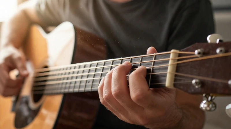 Manos de un músico tocando las cuerdas de una guitarra acústica bajo la luz del sol.