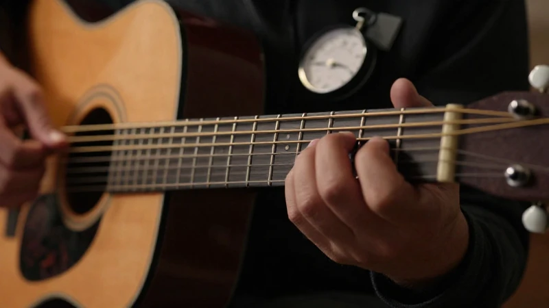 Primer plano de las manos de un guitarrista presionando las cuerdas sobre el mástil de una guitarra acústica.