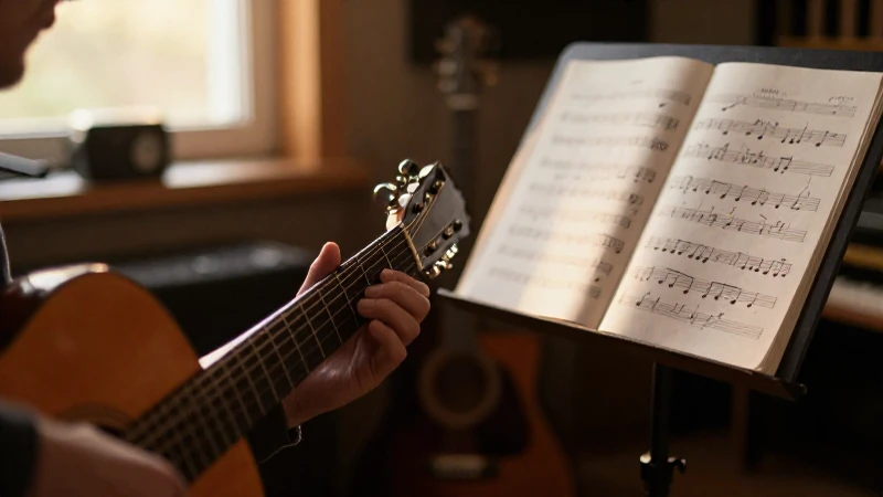 Manos de un músico tocando una guitarra acústica junto a una partitura en un estudio cálido.