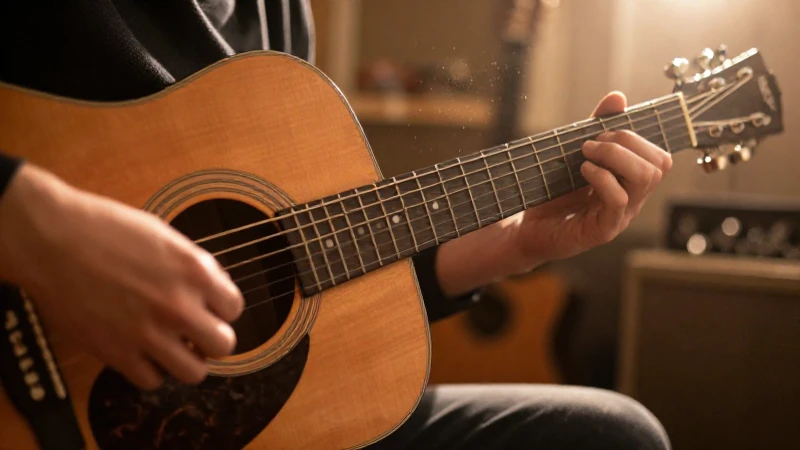 Primer plano de las manos de un músico tocando acordes en una guitarra acústica.