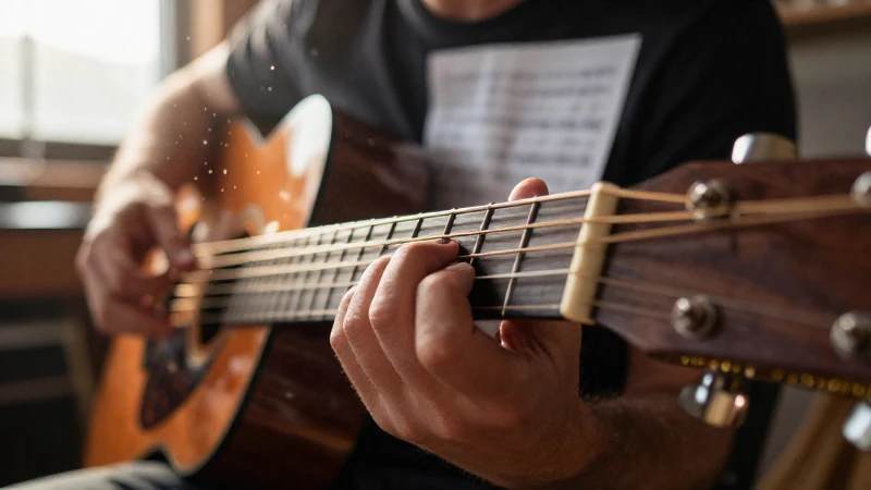 Manos de un músico tocando acordes en una guitarra acústica bajo la luz del sol.