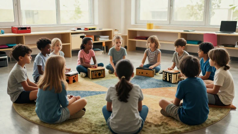 Niños diversos sentados en círculo sobre una alfombra colorida con instrumentos musicales en un aula luminosa.