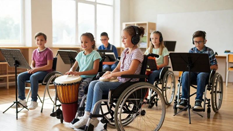 Niños con y sin discapacidad participan en una clase de música en un aula luminosa.