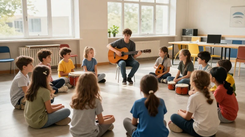Un instructor toca la guitarra frente a un grupo de niños en un aula de música.