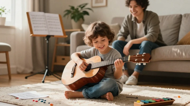 Un niño juega con una guitarra pequeña en una sala iluminada mientras su padre lo observa sonriente.