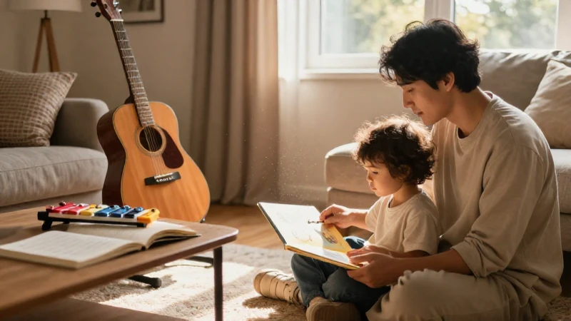 Un padre y su hijo leen un libro sobre instrumentos en una acogedora sala iluminada por el sol.