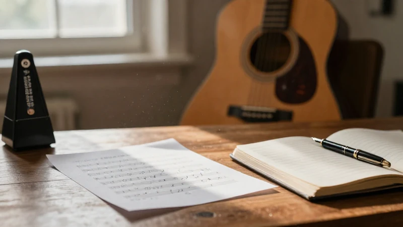 Escritorio de madera con un plan de estudio musical, una pluma y una guitarra al fondo.