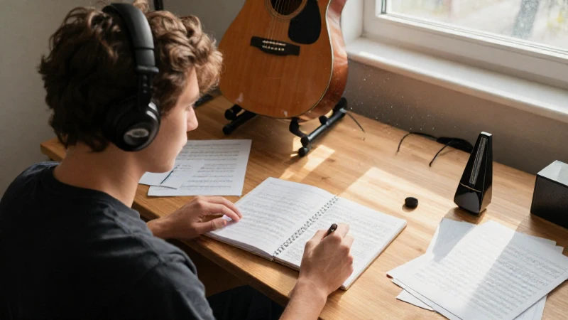 Joven músico concentrado trabajando con partituras y notas en un estudio iluminado por el sol.