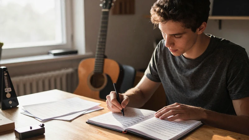 Joven músico sentado frente a un diario de práctica musical en un estudio luminoso.