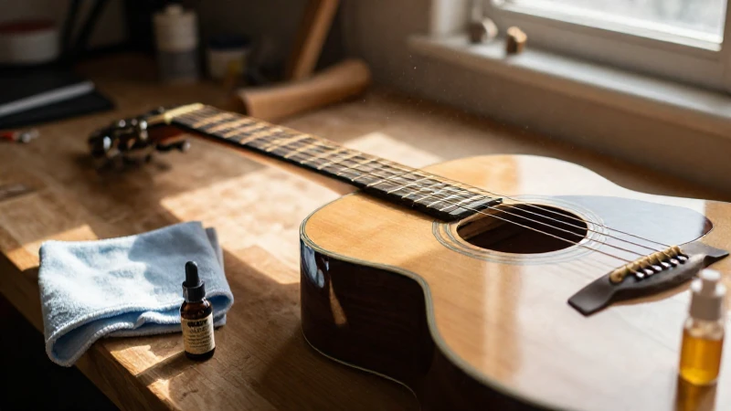 Guitarra acústica sobre un banco de madera junto a un paño y aceite para madera.