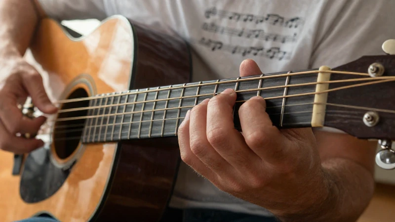Manos de un músico ejecutando patrones complejos sobre las cuerdas de una guitarra acústica.