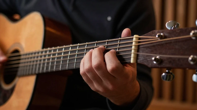Primer plano de las manos de un guitarrista tocando un patrón complejo en una guitarra acústica.