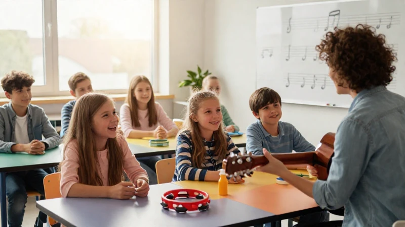 Un profesor toca la guitarra frente a un grupo de estudiantes entusiastas en un aula de música luminosa.