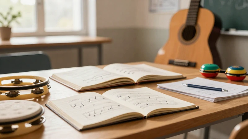 Materiales de música, un cuaderno con partituras y una guitarra sobre un escritorio de madera.