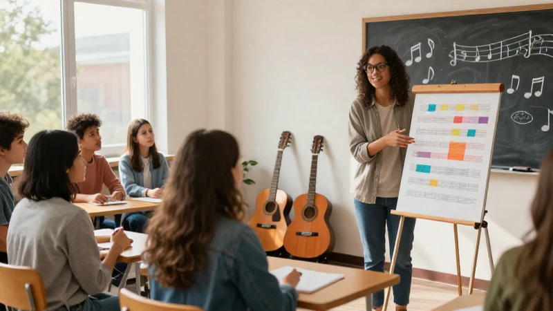 Un profesor señala una partitura musical ante un grupo de alumnos en un aula luminosa.