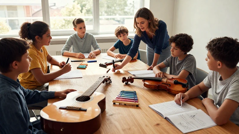 Un profesor guía a un grupo de estudiantes de música alrededor de una mesa con diversos instrumentos.
