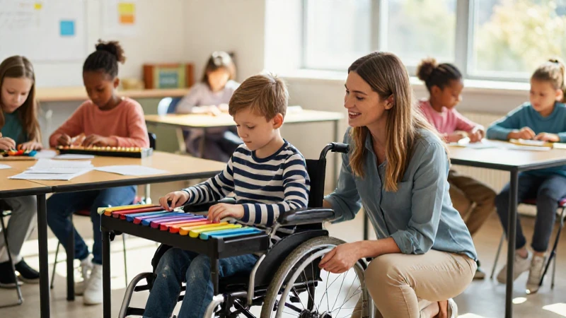 Una maestra sonríe a un niño en silla de ruedas mientras este toca un xilófono en un aula de música.