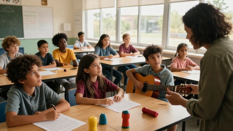 Una profesora guía a un estudiante con una guitarra en un aula luminosa y diversa.