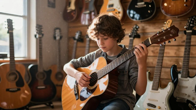 Estudiante sentado en una tienda de música comparando una guitarra acústica y una eléctrica.