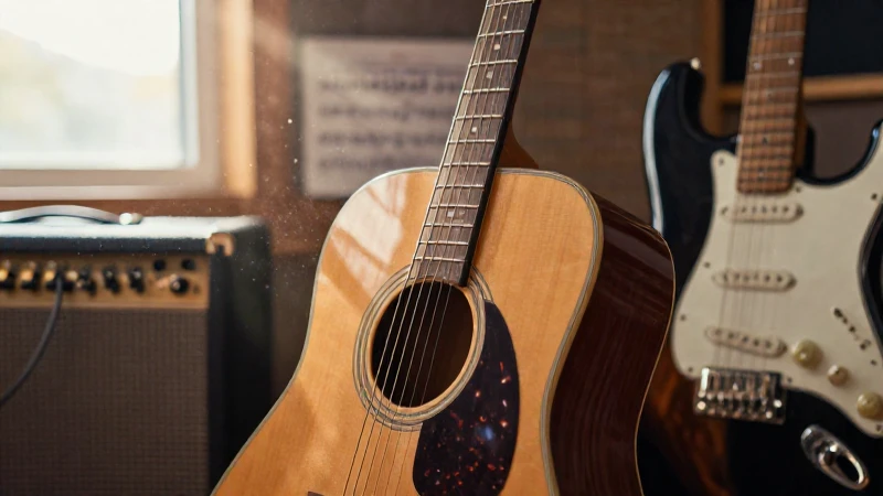 Guitarra acústica de madera apoyada en un amplificador junto a una eléctrica en un estudio iluminado.