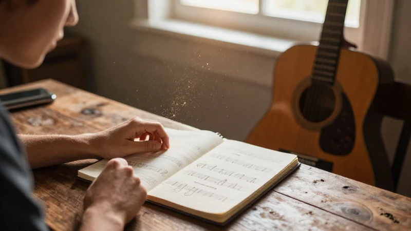 Joven compositor sentado frente a un cuaderno de partituras con una guitarra de fondo.