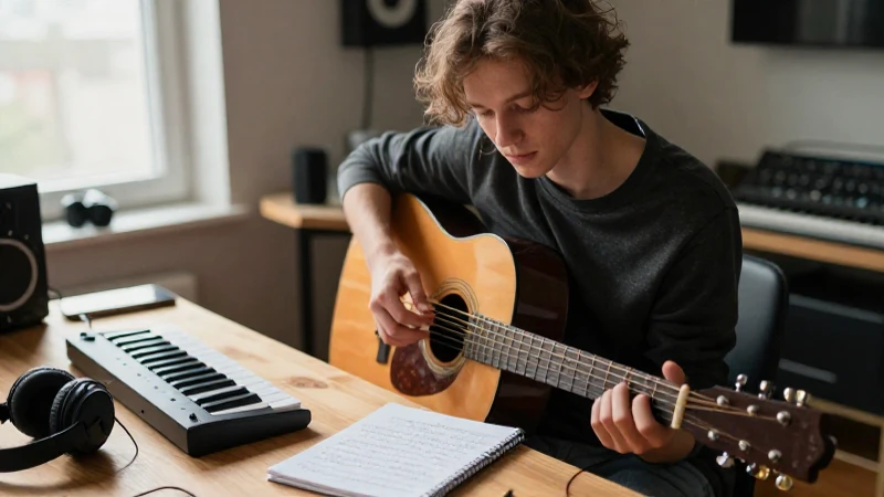 Músico joven concentrado en su escritorio con una guitarra