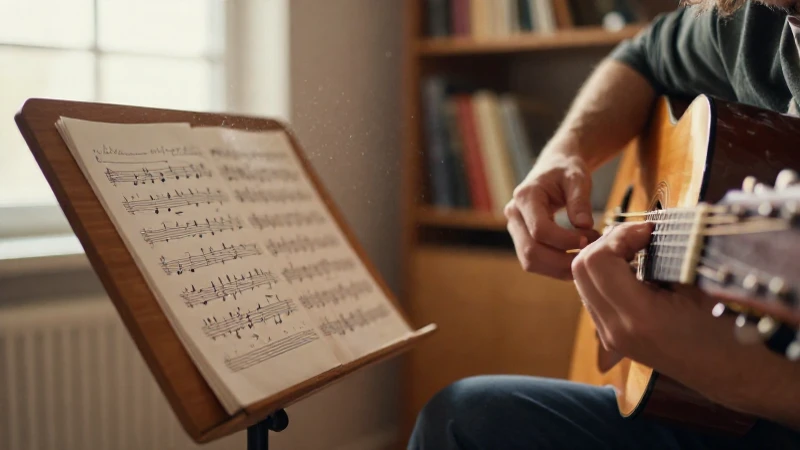 Manos tocando una guitarra acústica frente a una partitura escrita a mano en un estudio iluminado por el sol.