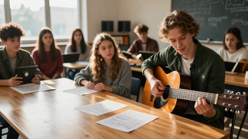 Un profesor demuestra ritmos con una guitarra acústica ante un grupo de estudiantes en un aula iluminada.