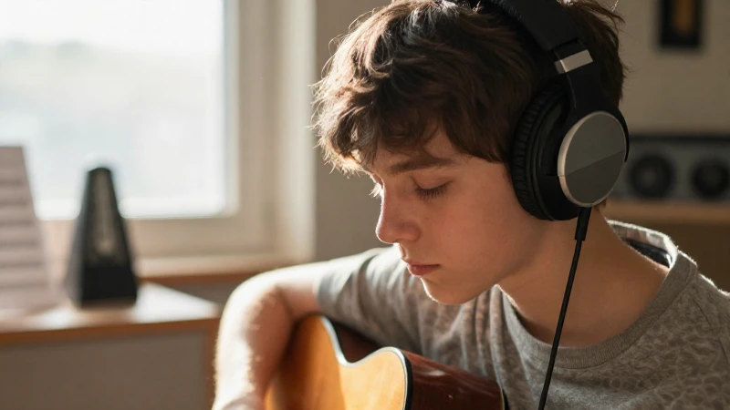 Estudiante concentrado con auriculares en un estudio de música iluminado por la luz del sol.