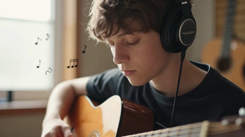Joven estudiante con auriculares concentrado mientras toca una guitarra acústica en un estudio iluminado.