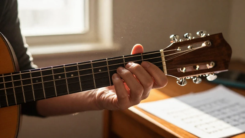 Manos de un músico practicando intervalos sobre las cuerdas de una guitarra acústica.