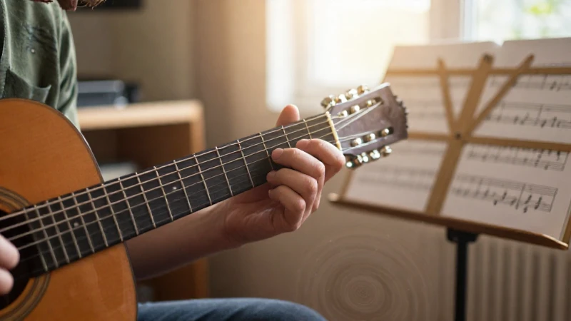 Manos de un guitarrista presionando las cuerdas de una guitarra acústica en un estudio iluminado.