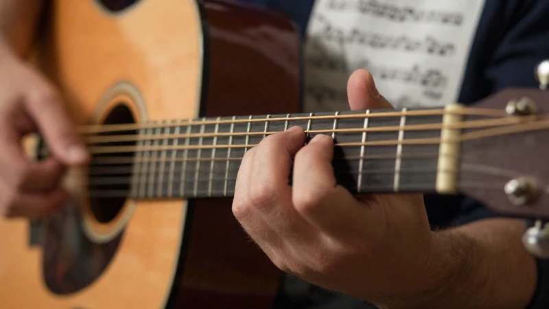 Manos de un músico presionando las cuerdas de una guitarra acústica sobre un mástil de madera.