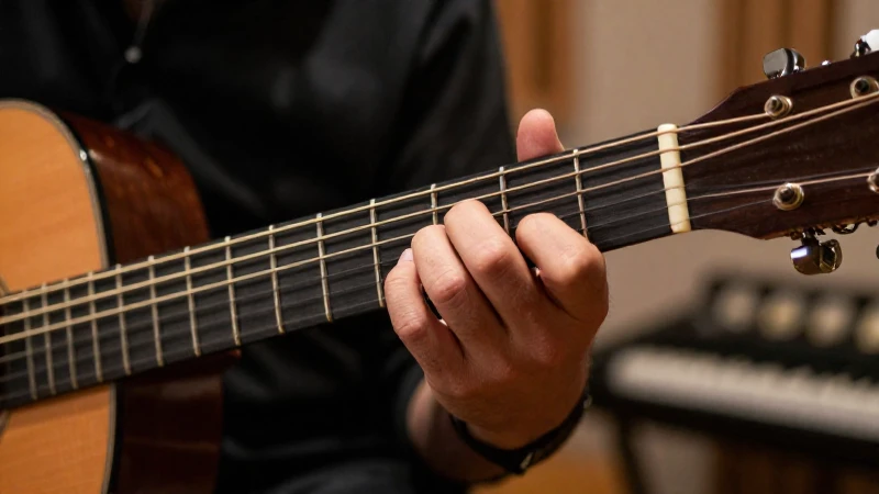 Manos de un guitarrista ejecutando ejercicios de precisión sobre el mástil de una guitarra acústica.